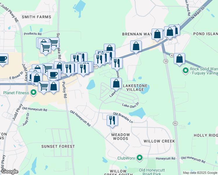 map of restaurants, bars, coffee shops, grocery stores, and more near 1404 Lakestone Village Lane in Fuquay-Varina