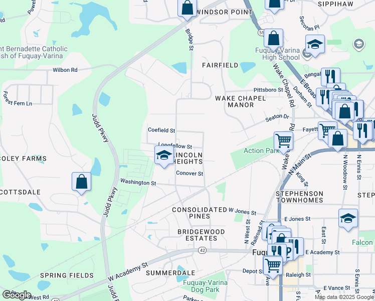 map of restaurants, bars, coffee shops, grocery stores, and more near 461 Longfellow Street in Fuquay-Varina