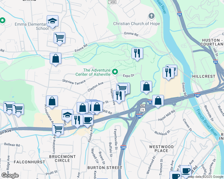 map of restaurants, bars, coffee shops, grocery stores, and more near 78 State Road 1334 in Asheville