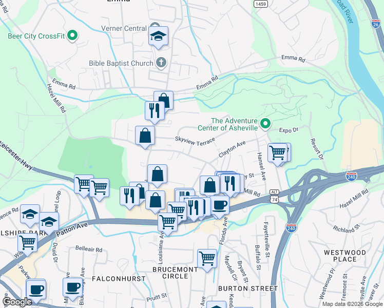 map of restaurants, bars, coffee shops, grocery stores, and more near 39 Skyview Terrace in Asheville