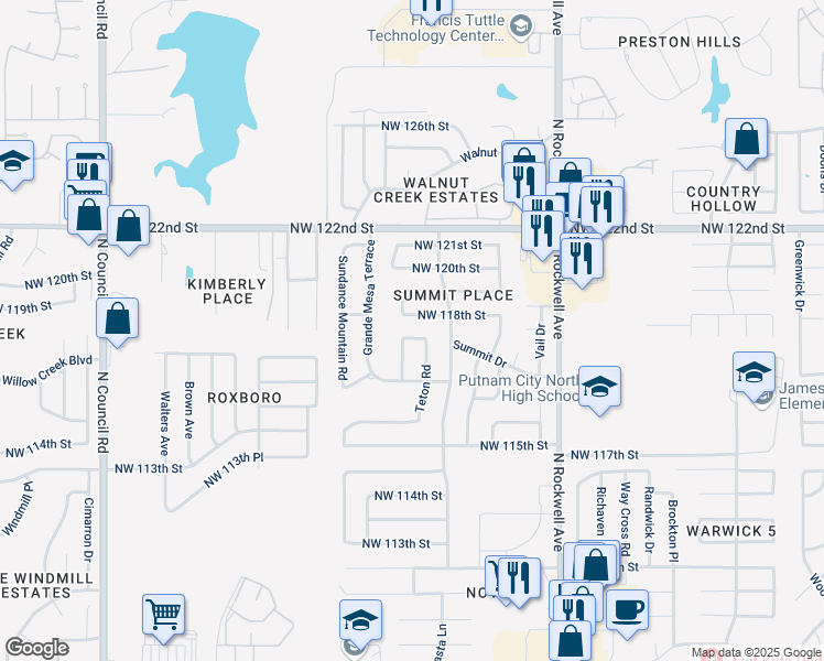 map of restaurants, bars, coffee shops, grocery stores, and more near 7321 Northwest 118th Street in Oklahoma City