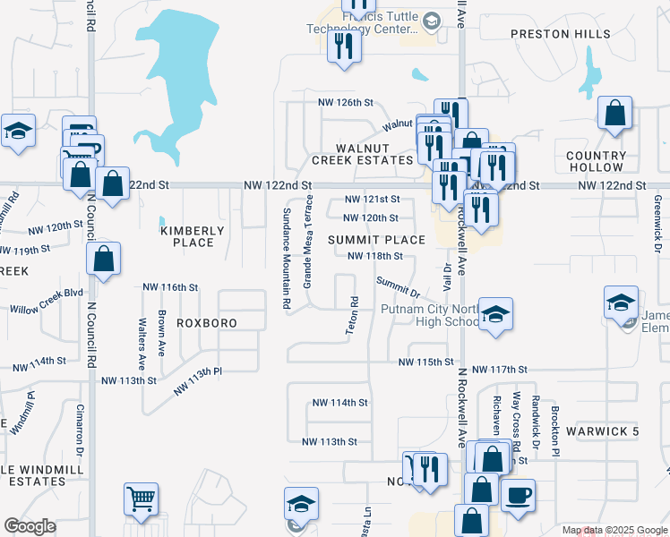 map of restaurants, bars, coffee shops, grocery stores, and more near 7321 Northwest 118th Street in Oklahoma City