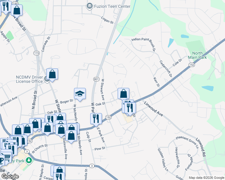 map of restaurants, bars, coffee shops, grocery stores, and more near 321 West Stewart Avenue in Mooresville