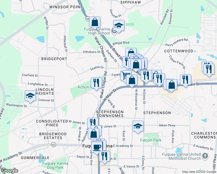 map of restaurants, bars, coffee shops, grocery stores, and more near 500 Wake Chapel Road in Fuquay-Varina