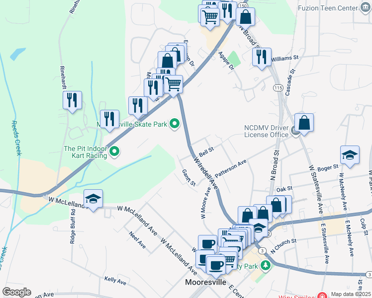 map of restaurants, bars, coffee shops, grocery stores, and more near 252 Bell Street in Mooresville