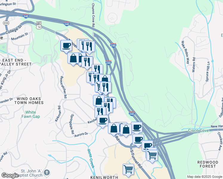 map of restaurants, bars, coffee shops, grocery stores, and more near 6 Kenilworth Knolls in Asheville