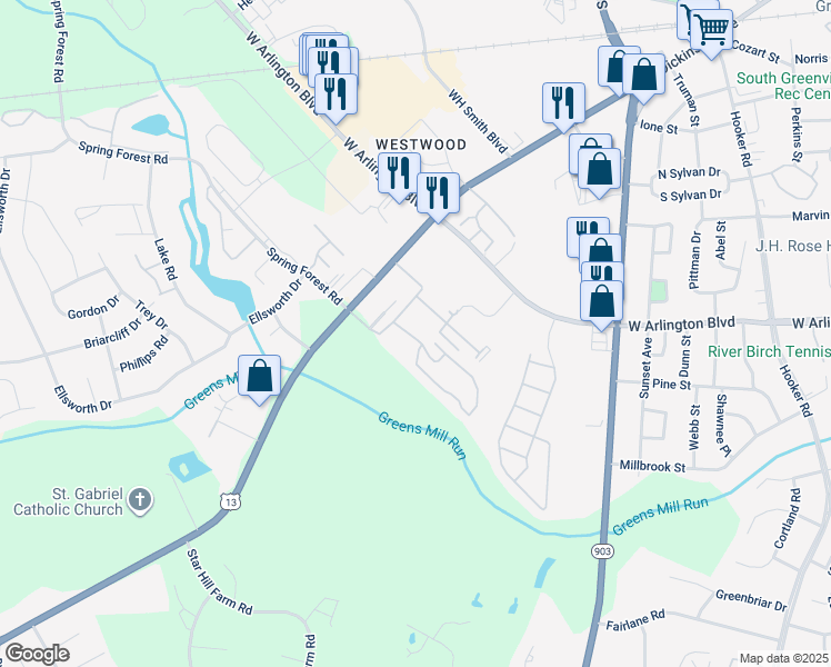 map of restaurants, bars, coffee shops, grocery stores, and more near 1201 Cross Creek Circle in Greenville