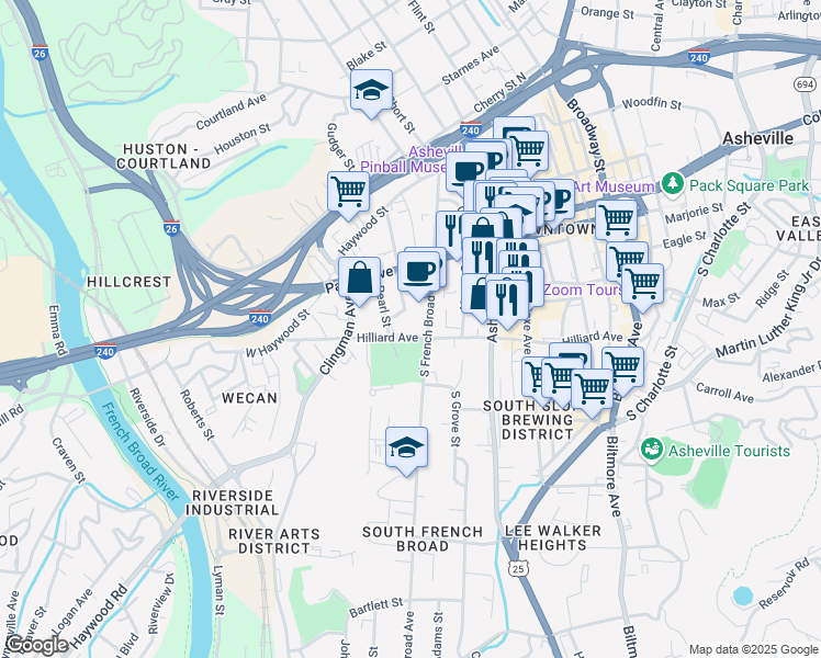 map of restaurants, bars, coffee shops, grocery stores, and more near 56 South Ann Street in Asheville
