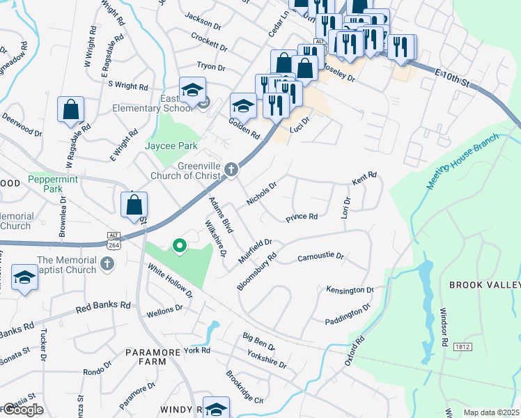 map of restaurants, bars, coffee shops, grocery stores, and more near 101 Emerson Drive in Greenville