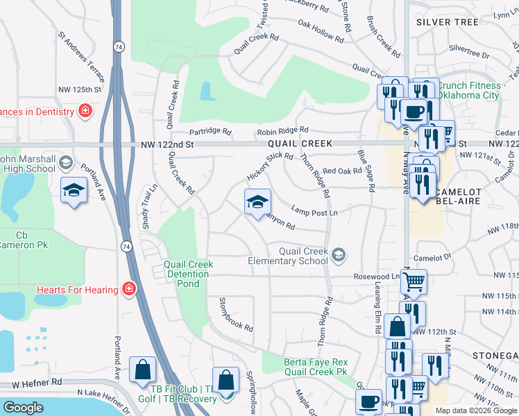 map of restaurants, bars, coffee shops, grocery stores, and more near 3221 Canyon Road in Oklahoma City
