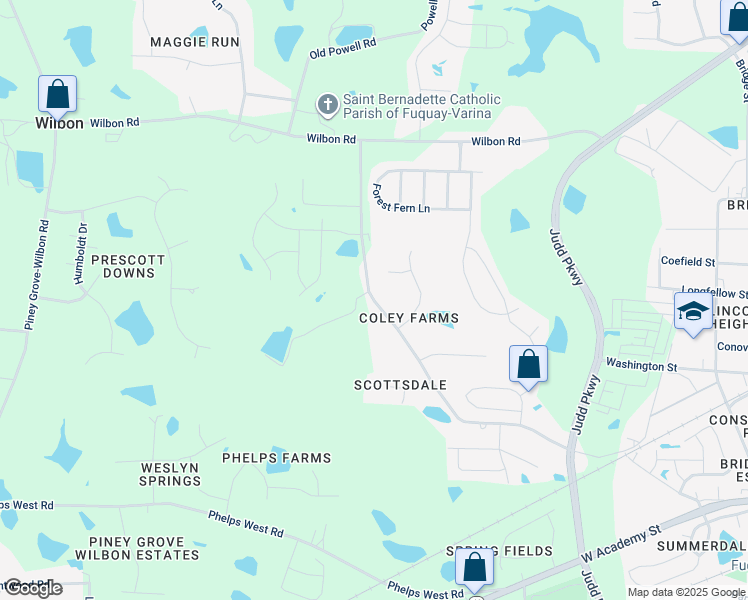 map of restaurants, bars, coffee shops, grocery stores, and more near 612 Coley Farm Road in Fuquay-Varina