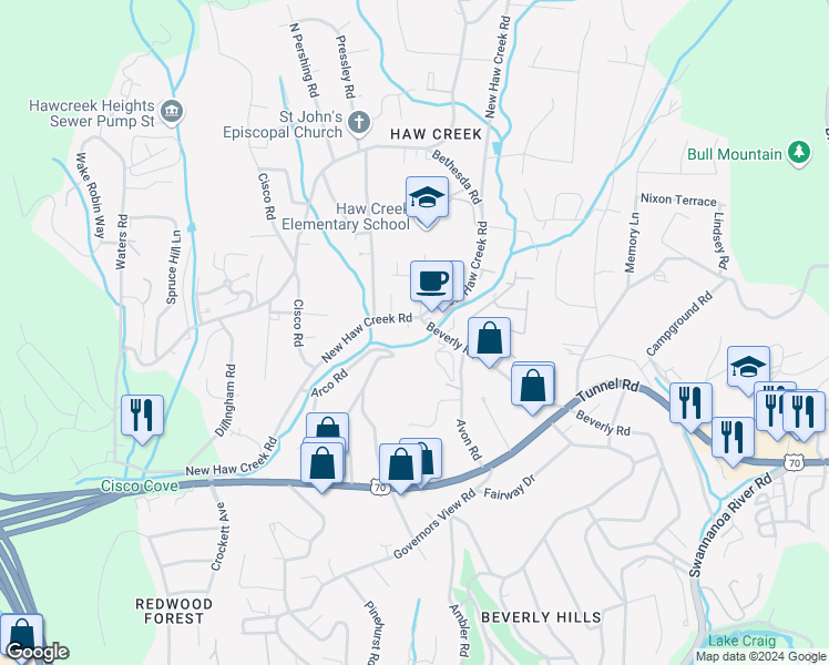 map of restaurants, bars, coffee shops, grocery stores, and more near 1 Beverly Road in Asheville