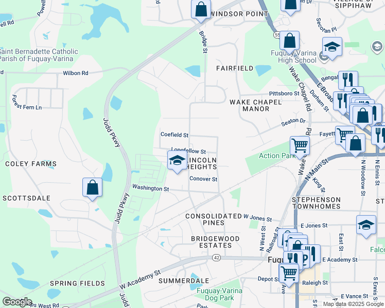 map of restaurants, bars, coffee shops, grocery stores, and more near 461 Longfellow Street in Fuquay-Varina