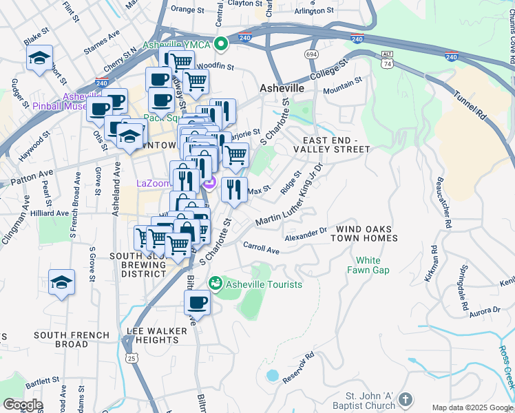 map of restaurants, bars, coffee shops, grocery stores, and more near 9 Dundee Street in Asheville
