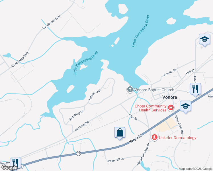 map of restaurants, bars, coffee shops, grocery stores, and more near 487 Falcon Trail in Vonore