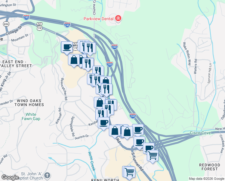 map of restaurants, bars, coffee shops, grocery stores, and more near 6 Kenilworth Knolls in Asheville