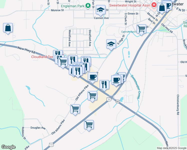 map of restaurants, bars, coffee shops, grocery stores, and more near 498 South High Street in Sweetwater
