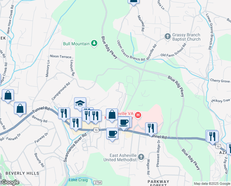 map of restaurants, bars, coffee shops, grocery stores, and more near 140 La Mancha Drive in Asheville