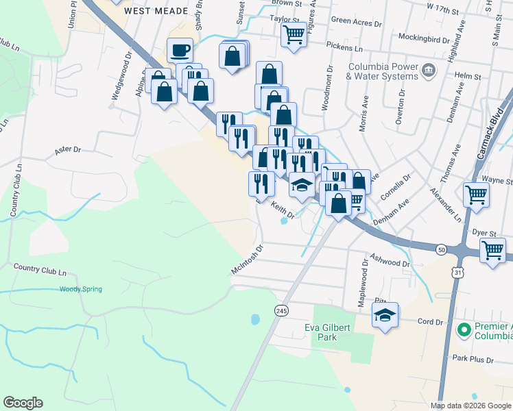 map of restaurants, bars, coffee shops, grocery stores, and more near Pillow Drive in Columbia