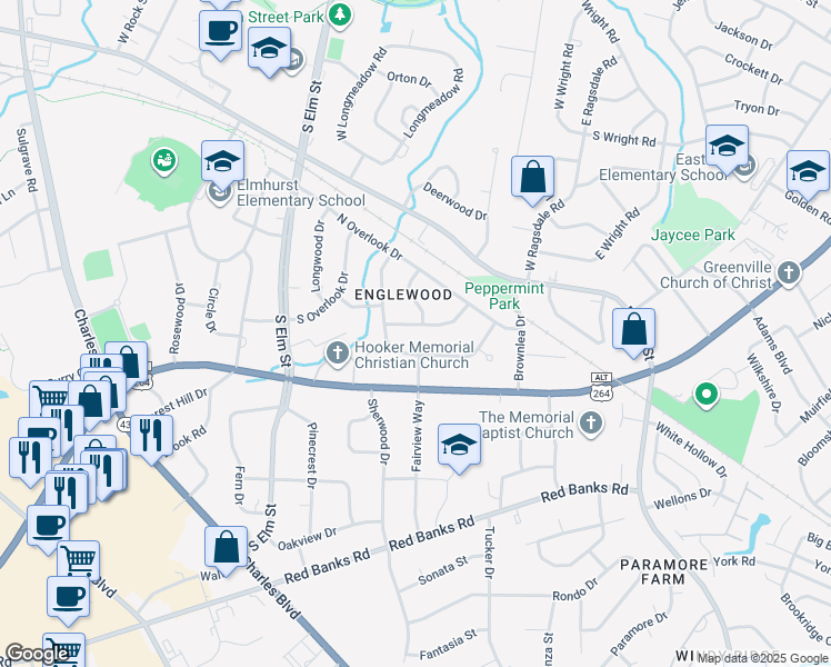 map of restaurants, bars, coffee shops, grocery stores, and more near 1612 Oaklawn Drive in Greenville