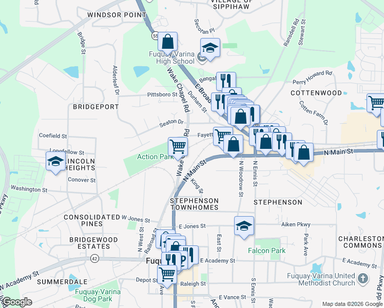 map of restaurants, bars, coffee shops, grocery stores, and more near 500 Wake Chapel Road in Fuquay-Varina