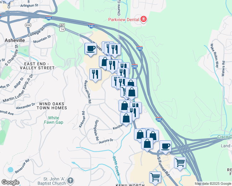 map of restaurants, bars, coffee shops, grocery stores, and more near 16 Restaurant Court in Asheville