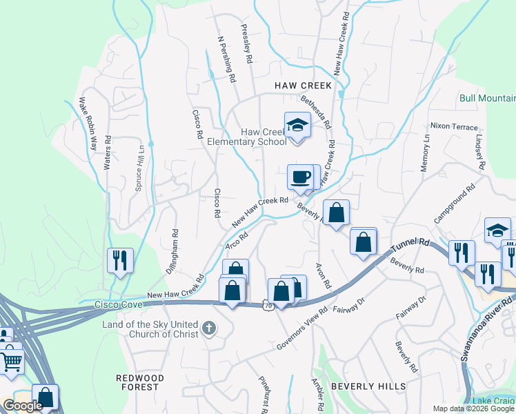 map of restaurants, bars, coffee shops, grocery stores, and more near 497 New Haw Creek Road in Asheville