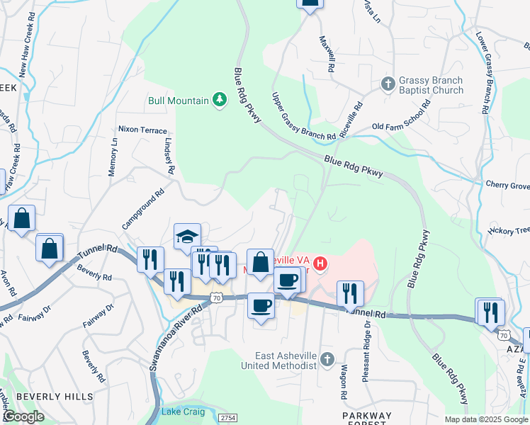 map of restaurants, bars, coffee shops, grocery stores, and more near 142 La Mancha Drive in Asheville