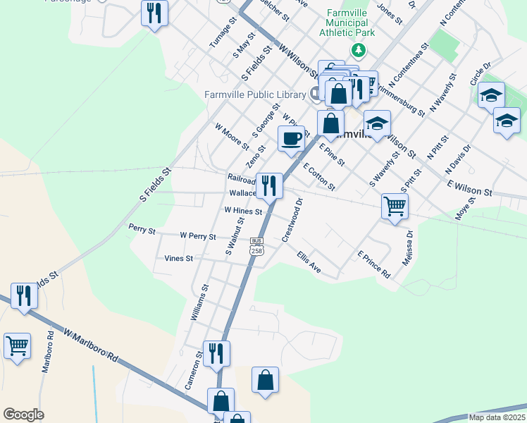 map of restaurants, bars, coffee shops, grocery stores, and more near 3928 S Main St in Farmville