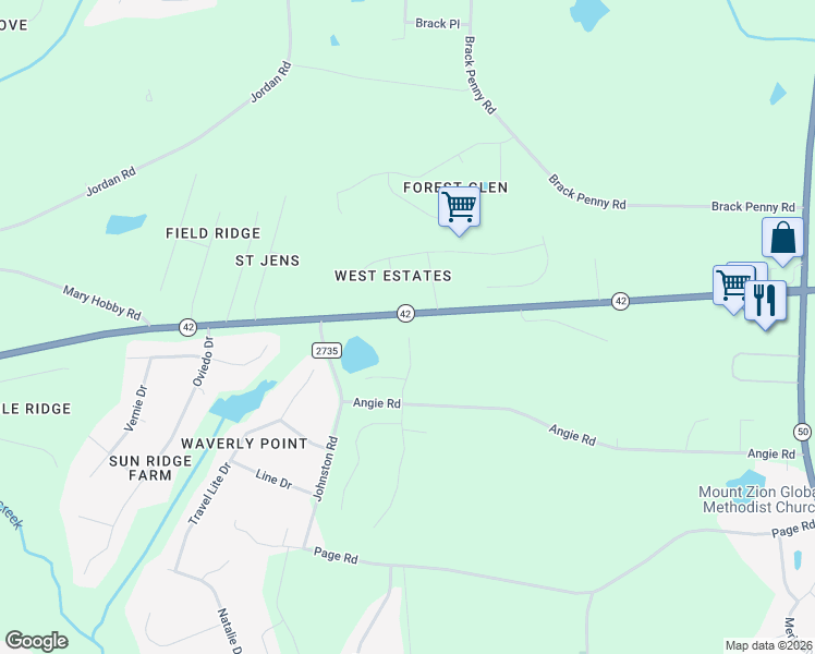 map of restaurants, bars, coffee shops, grocery stores, and more near 5005 North Carolina 42 in Raleigh