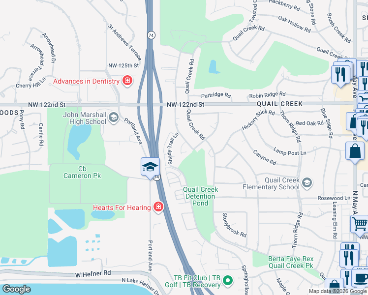 map of restaurants, bars, coffee shops, grocery stores, and more near 11917 Maple Hollow Court in Oklahoma City