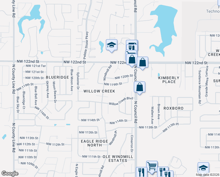 map of restaurants, bars, coffee shops, grocery stores, and more near 8124 Northwest 119th Street in Oklahoma City