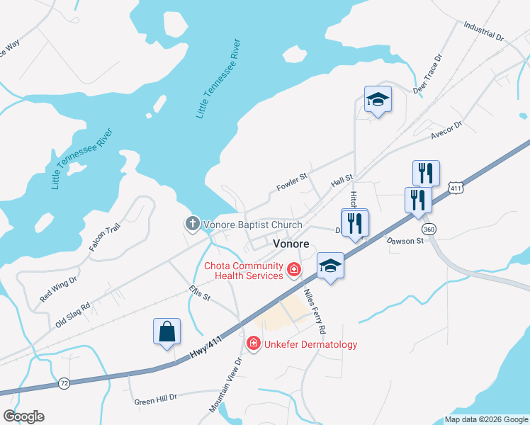 map of restaurants, bars, coffee shops, grocery stores, and more near 504 Church Street in Vonore