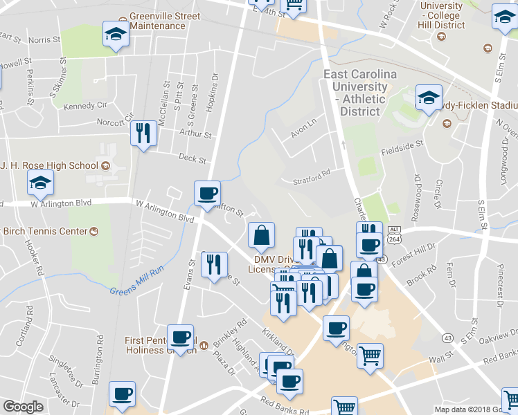 map of restaurants, bars, coffee shops, grocery stores, and more near 1 Palmetto Place in Greenville