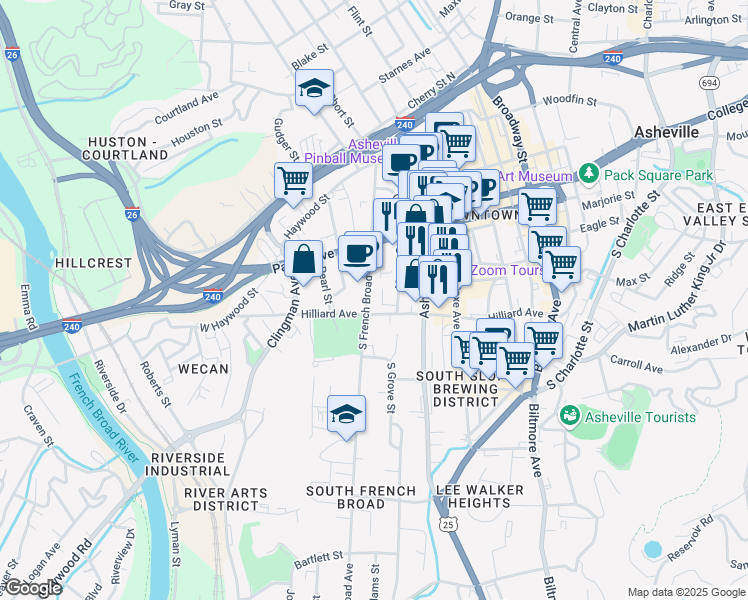 map of restaurants, bars, coffee shops, grocery stores, and more near 50 South French Broad Avenue in Asheville