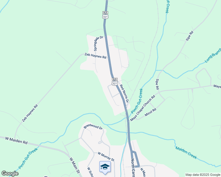 map of restaurants, bars, coffee shops, grocery stores, and more near 1095 Oakwood Drive in Maiden