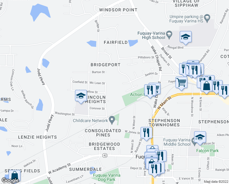 map of restaurants, bars, coffee shops, grocery stores, and more near 310 Cherry Street in Fuquay Varina