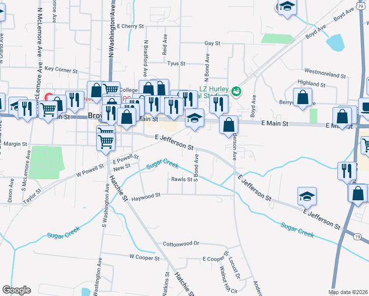 map of restaurants, bars, coffee shops, grocery stores, and more near 709 East Jefferson Street in Brownsville