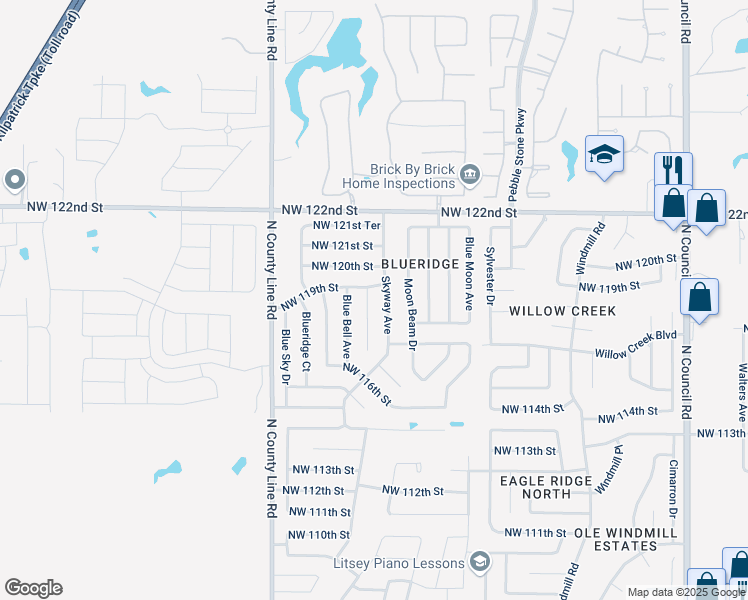 map of restaurants, bars, coffee shops, grocery stores, and more near 11917 Skyway Avenue in Oklahoma City