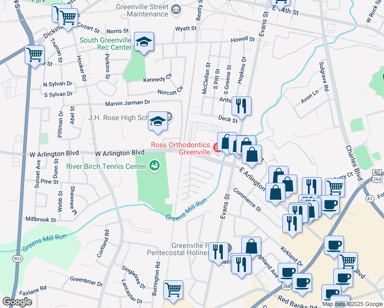 map of restaurants, bars, coffee shops, grocery stores, and more near 2200 University Suites Drive in Greenville