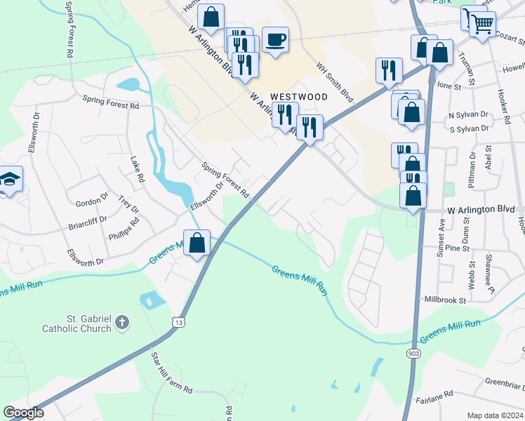 map of restaurants, bars, coffee shops, grocery stores, and more near 1071 Spring Forest Rd in Greenville