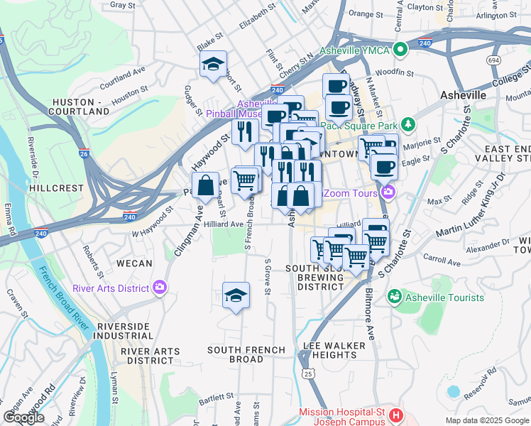 map of restaurants, bars, coffee shops, grocery stores, and more near 50 South French Broad Avenue in Asheville