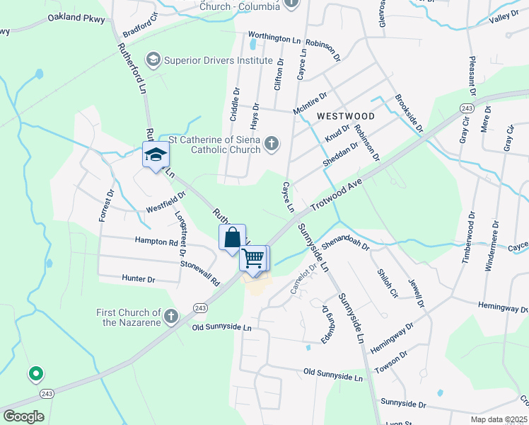 map of restaurants, bars, coffee shops, grocery stores, and more near 5004 Trotwood Avenue in Columbia