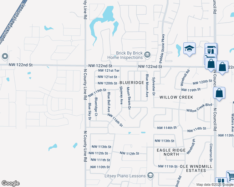 map of restaurants, bars, coffee shops, grocery stores, and more near 11917 Skyway Avenue in Oklahoma City