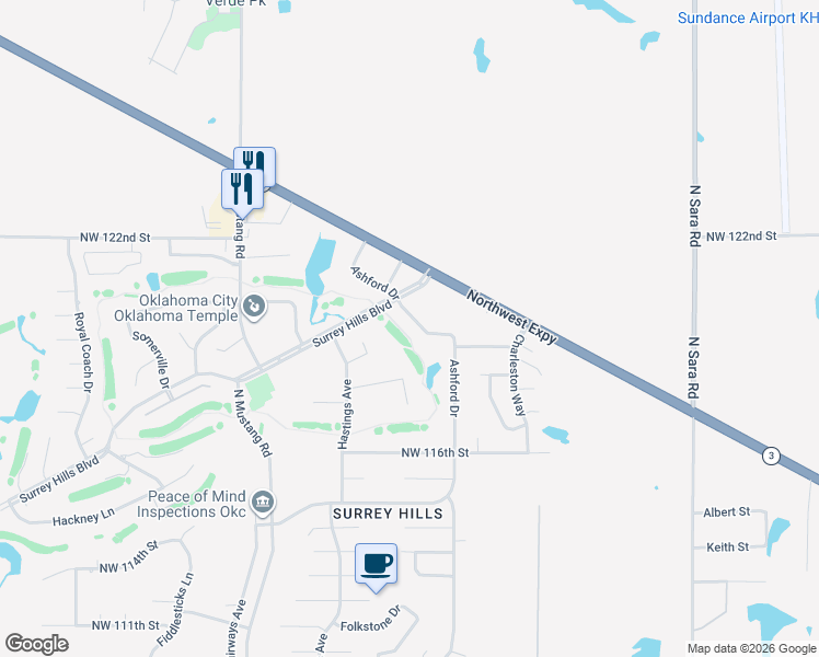 map of restaurants, bars, coffee shops, grocery stores, and more near 12031 Ashford Drive in Yukon