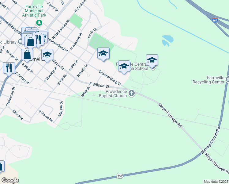 map of restaurants, bars, coffee shops, grocery stores, and more near 3387 East Wilson Street in Farmville