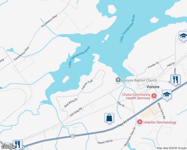 map of restaurants, bars, coffee shops, grocery stores, and more near 487 Falcon Trail in Vonore