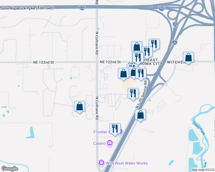 map of restaurants, bars, coffee shops, grocery stores, and more near 12100 Woodland Hills Way in Oklahoma City