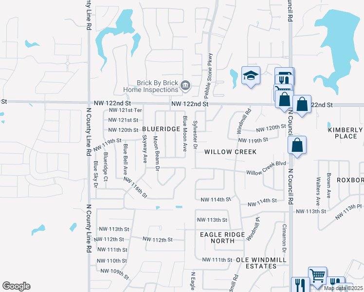 map of restaurants, bars, coffee shops, grocery stores, and more near 11917 Blue Moon Avenue in Oklahoma City