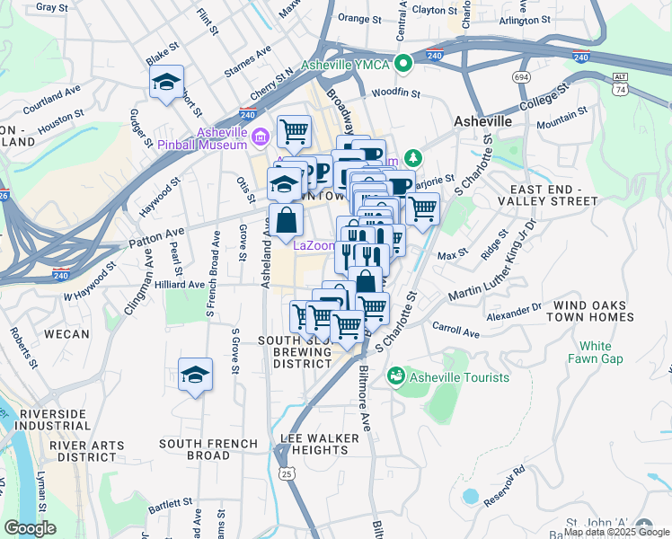 map of restaurants, bars, coffee shops, grocery stores, and more near 81 Church Street in Asheville